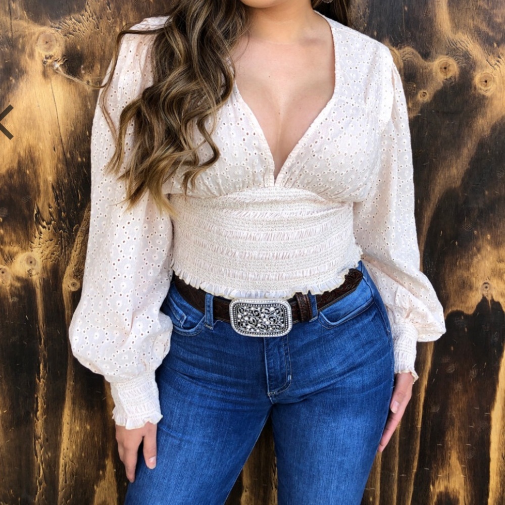 Love Tree | Eyelet Cream Blouse with Puff Sleeves